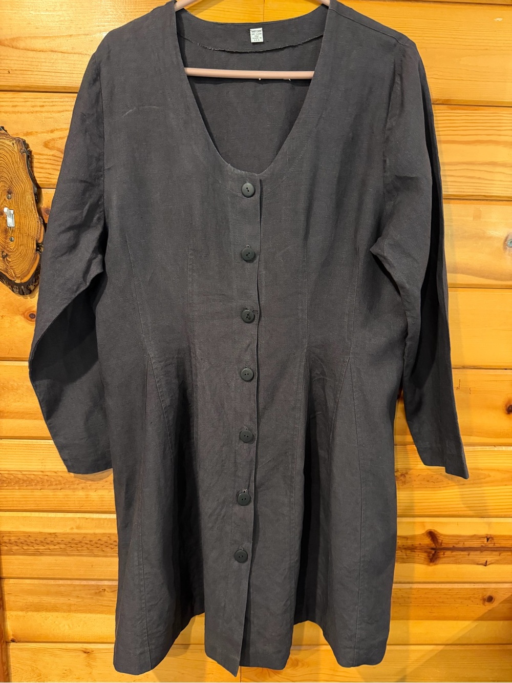 Vintage 100% heavy Linen Button front Duster coat Midi dress.Charcoal XL.